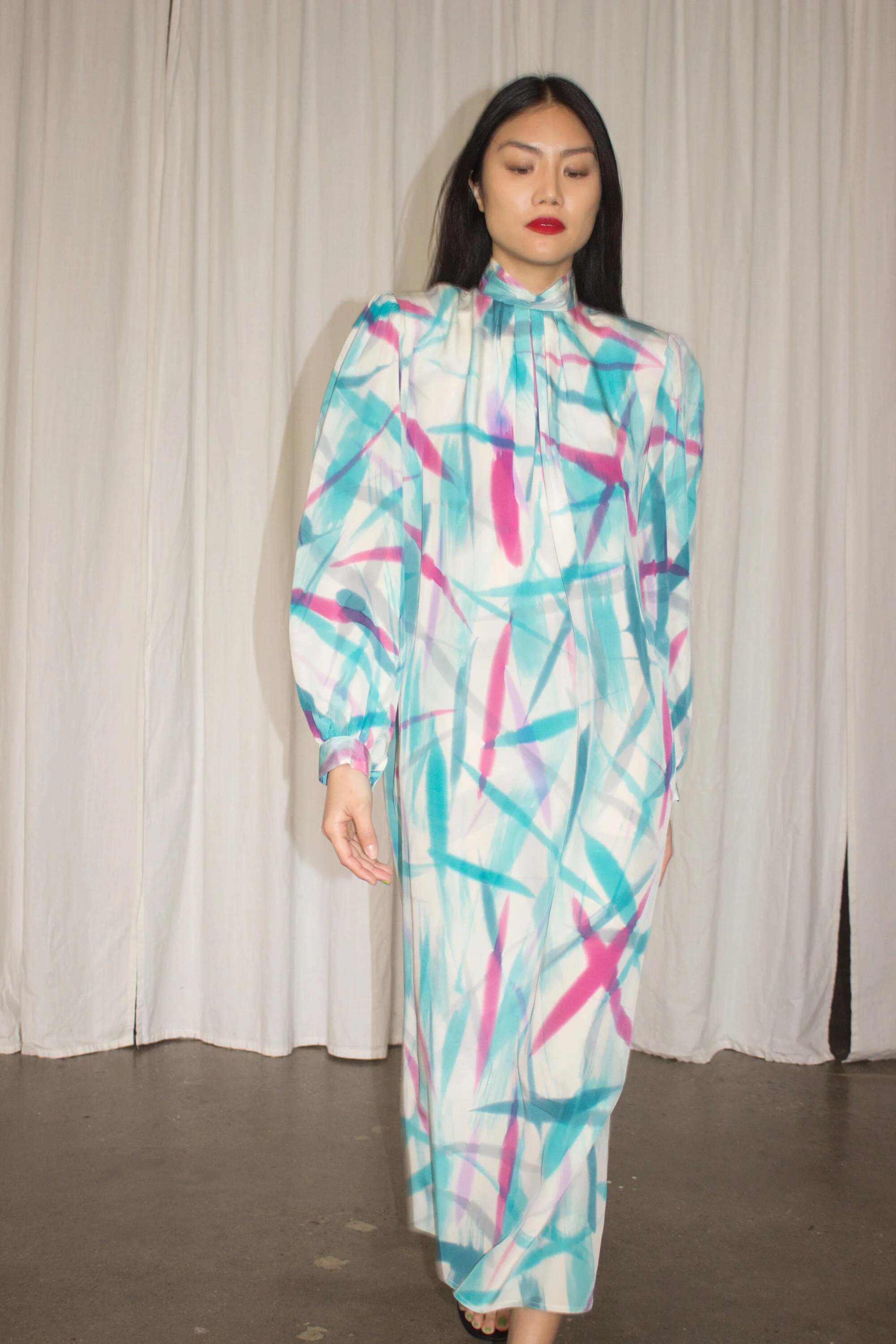 1980s Balenciaga Vibes Silk Strong Shoulder Dress Wayward Collection